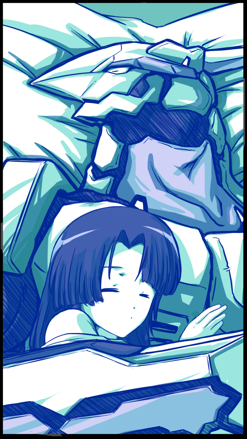 1boy, 1girl, artist_request, bed, date_shigezane, kiyonari_ulquiaga, kyoukaisenjou_no_horizon, sleeping
