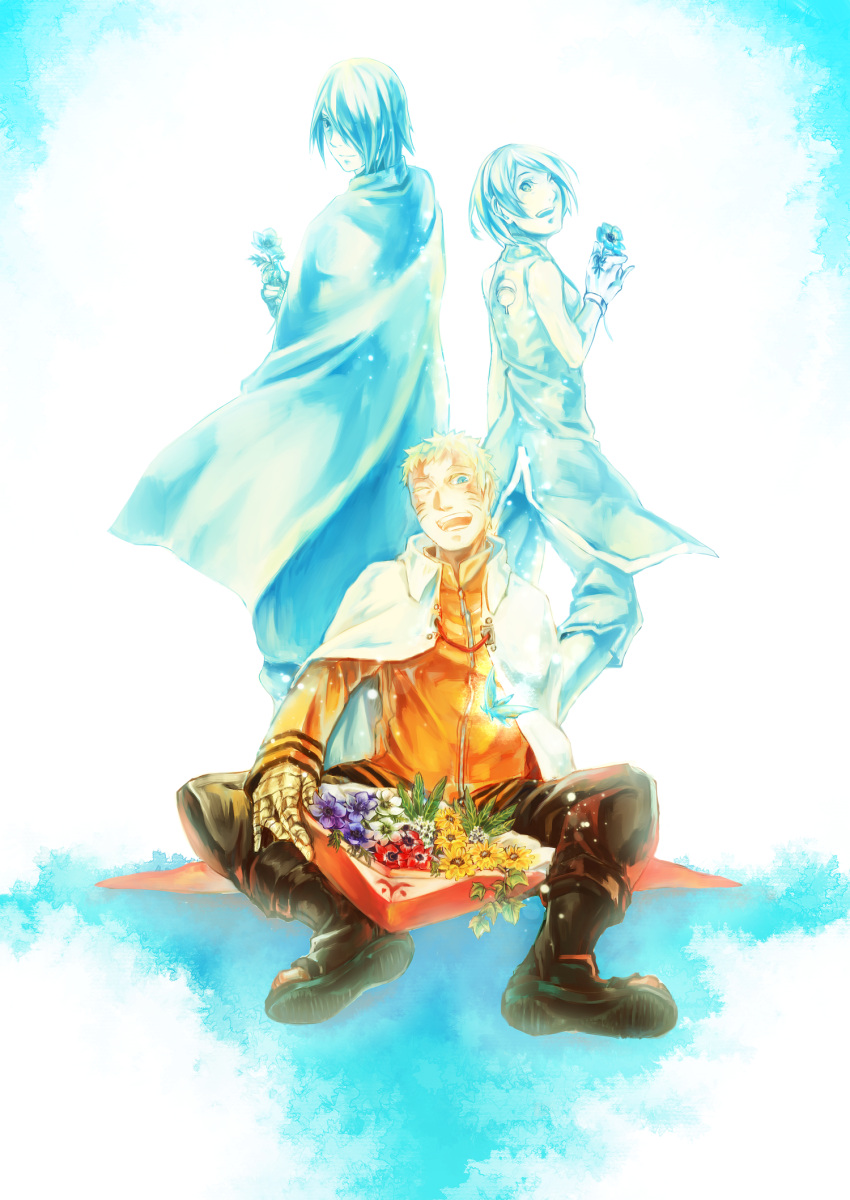 1girl, 2boys, bandaged_arm, boruto:_the_movie, cape, flower, hair_over_one_eye, haruno_sakura, headwear_removed, husband_and_wife, ikkei, multiple_boys, naruto, sitting, spiky_hair, uchiha_sasuke, uzumaki_naruto, whiskers