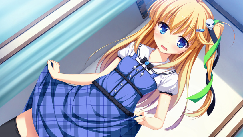 1girl, black_bow, black_legwear, black_thighhighs, blonde_hair, blue_eyes, blue_ribbon, blue_skirt