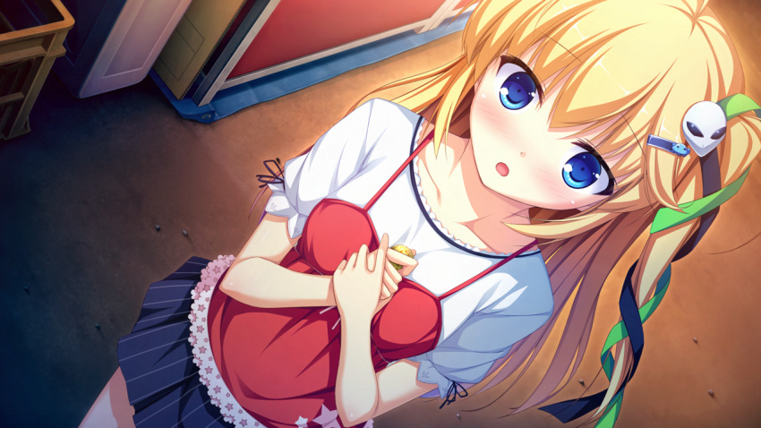 1girl, bangs, black_skirt, blonde_hair, blue_eyes, blue_ribbon, blue_skirt, blush