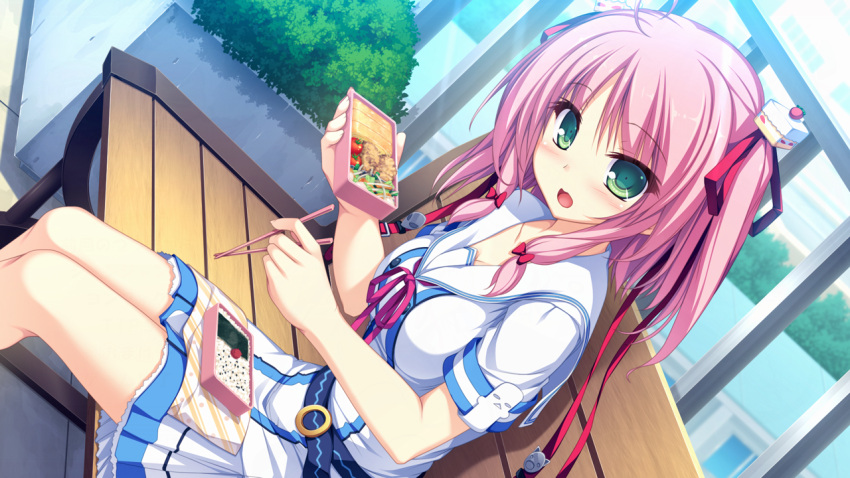 1girl, belt, blush, bow, collarbone, female, food, frilled_skirt