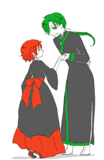 1boy, 1girl, akatsuki_no_yona, blush, chinese_clothes, dress, earrings, green_eyes, green_hair, jeaha_(akatsuki_no_yona), jewelry, red_eyes, redhead, ribbon, shoes, short_hair, smile, yona_(akatsuki_no_yona)