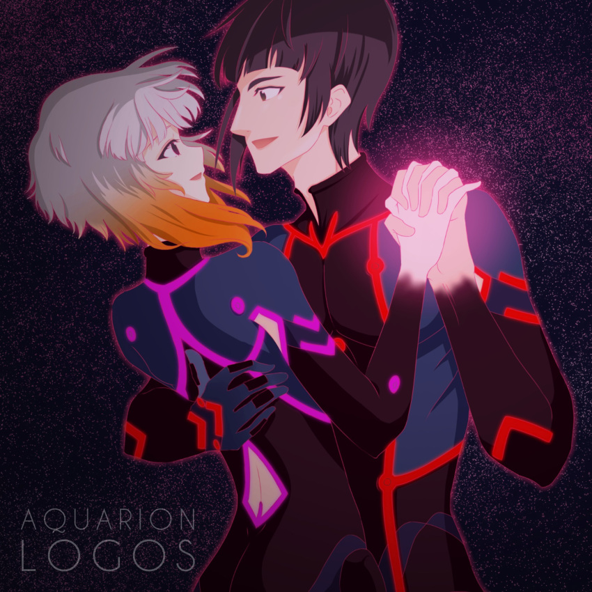 1boy, 1girl, aquarion_logos, black_hair, bodysuit, brown_eyes, grey_hair, hand_holding