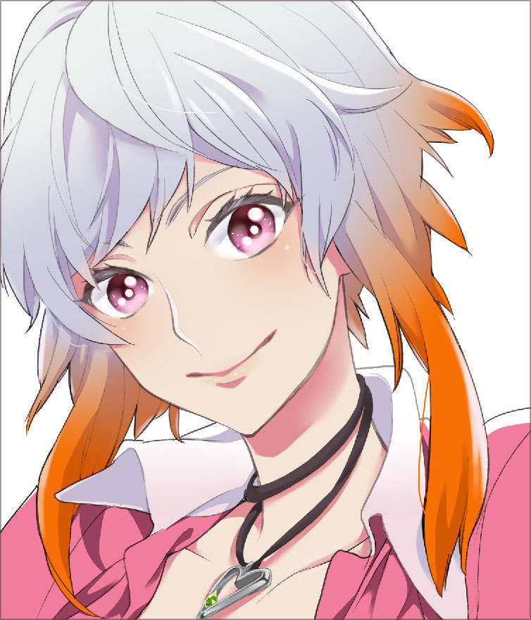 1girl, aquarion_logos, jacket, jewelry, multicolored_hair, necklace, short_hair, smile