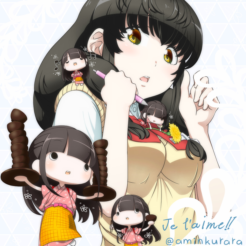 aquarion_logos, black_hair, blush, breasts, brown_eyes, flower, japanese_clothes, kikogami_kokone