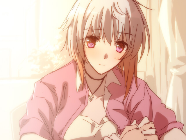 1girl, aquarion_logos, blush, breasts, grey_hair, jacket, jewelry, multicolored_hair