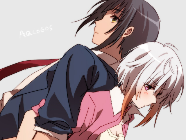 1boy, 1girl, aquarion_logos, black_hair, blush, breasts, cleavage, grey_hair