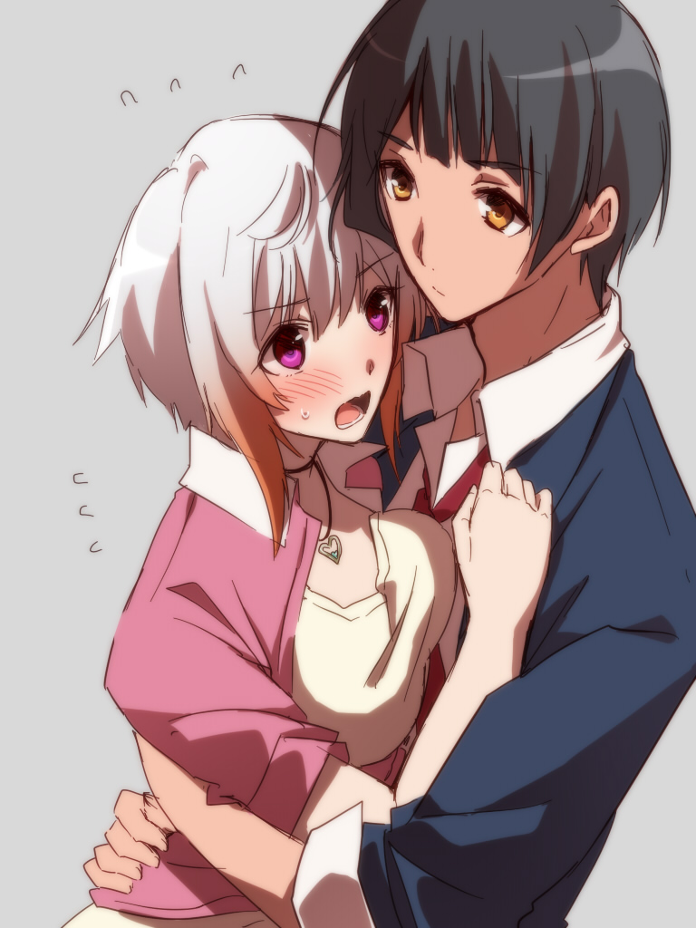 1boy, 1girl, aquarion_logos, black_hair, blush, breasts, brown_eyes, grey_hair