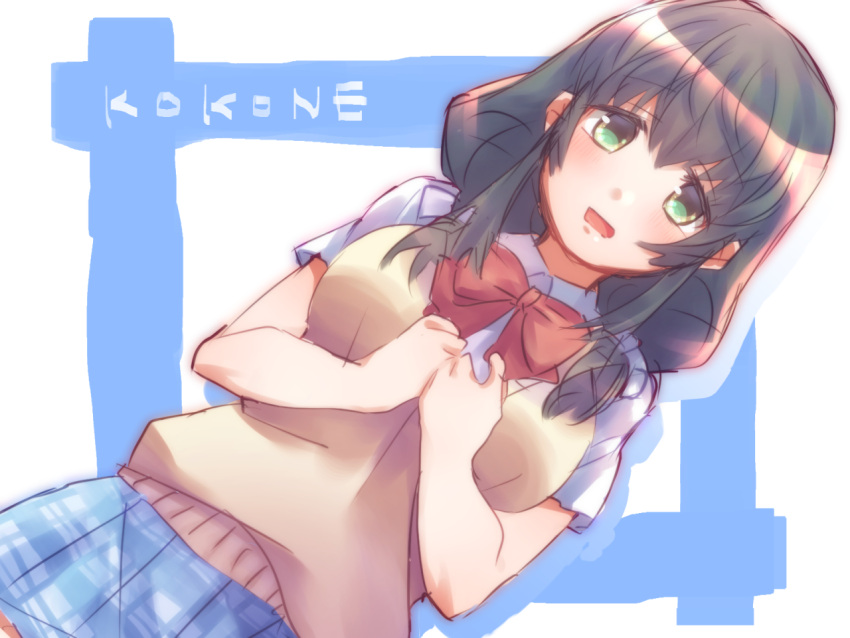 1girl, aqua_eyes, aquarion_logos, black_hair, blush, breasts, kikogami_kokone, long_hair