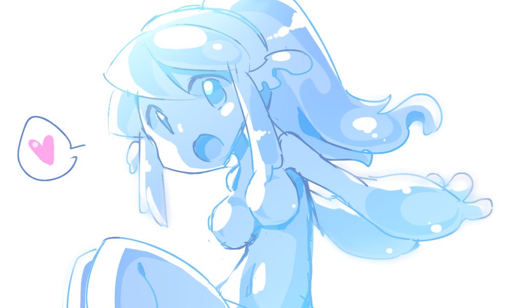 1girl, blue_eyes, breasts, goo_girl, heart, monster_girl, no_humans, open_mouth
