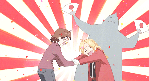 1girl, 2boys, alphonse_elric, animated, animated_gif, armor, blonde_hair, coat