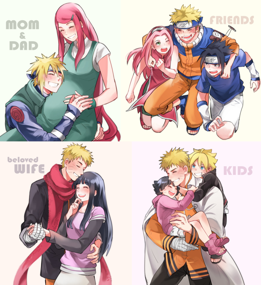 age_progression, blonde_hair, couple, family, forehead_protector, group_hug, haruno_sakura, hug