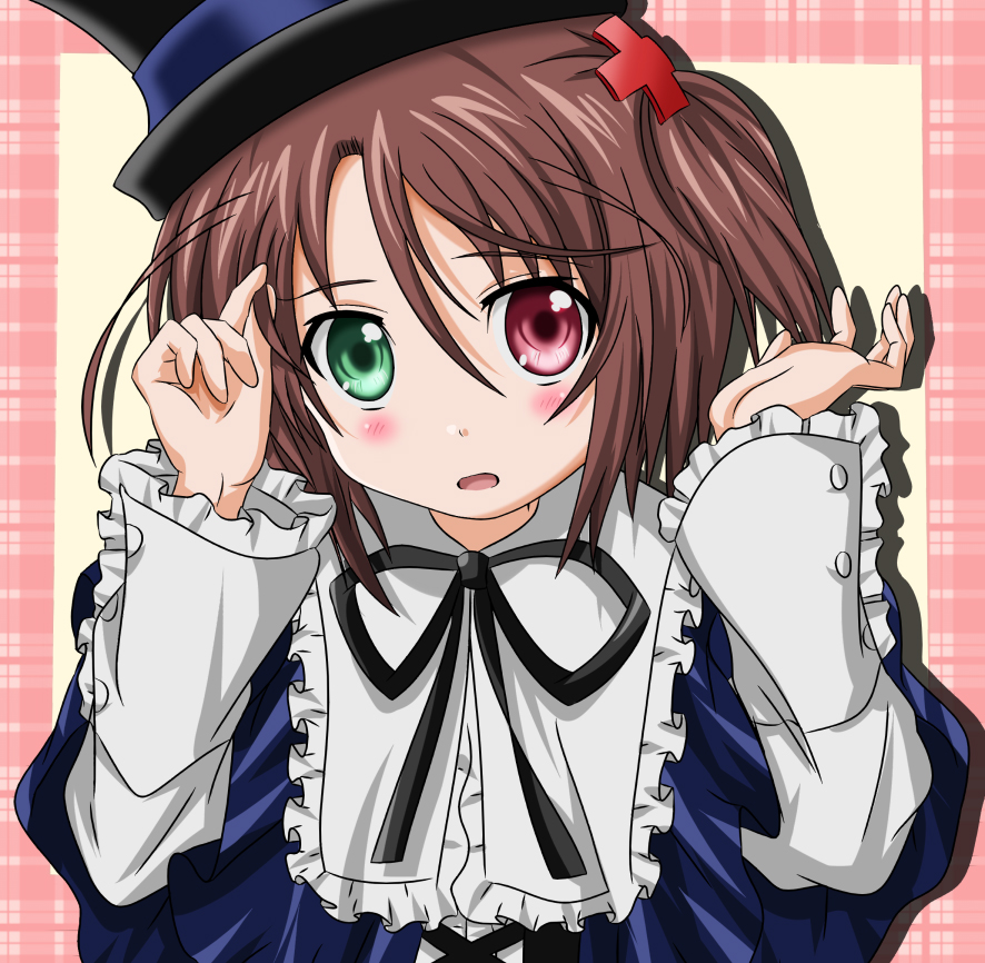 brown_hair, frills, hair_ornament, hat, heterochromia, rozen_maiden, short_hair, side_ponytail