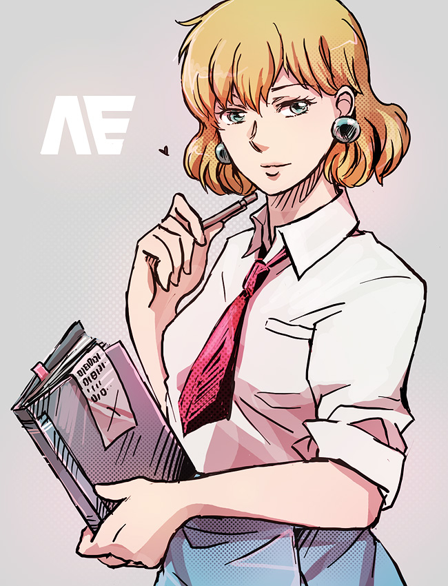 1girl, 90s, anaheim_electronics, blue_eyes, book, earrings, gundam, gundam_0083