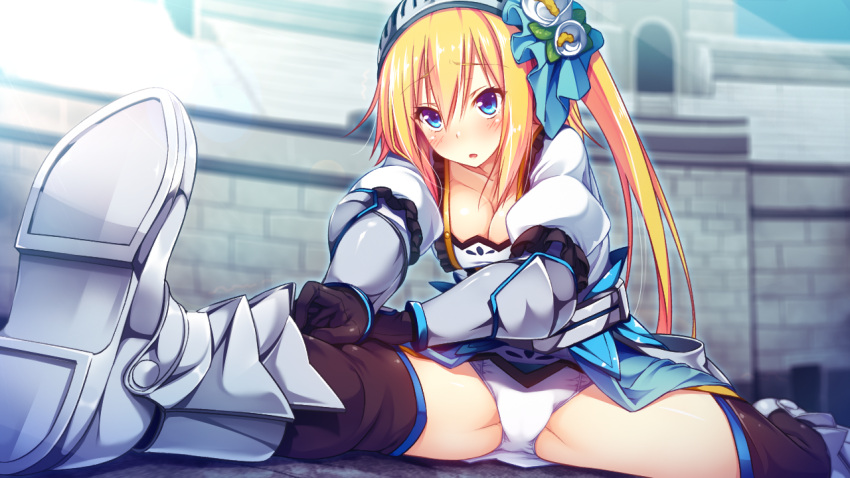 1girl, aigis_von_orphovius, armor, black_gloves, black_legwear, black_thighhighs, blonde_hair, blue_eyes, blush, breasts, collarbone, female, game_cg, gauntlet, gloves, hair_ornament, helmet, long_hair, open_mouth, panties, side_ponytail, solo, stretch, sunbeam, thigh-highs, tou_no_shita_no_exercitus, underwear, white_panties