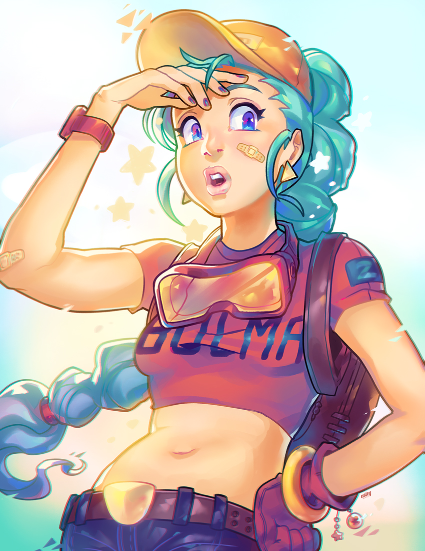 1girl, asia_kendrick-horton, backpack, bag, bandaid, belt, blue_hair, bracelet, braid, braided_ponytail, bulma, crop_top, dragon_ball, earrings, goggles, goggles_around_neck, hand_on_hip, jewelry, looking_at_viewer, midriff, nail_polish, navel, open_mouth, ponytail, single_glove, solo, stomach, upper_body, watch