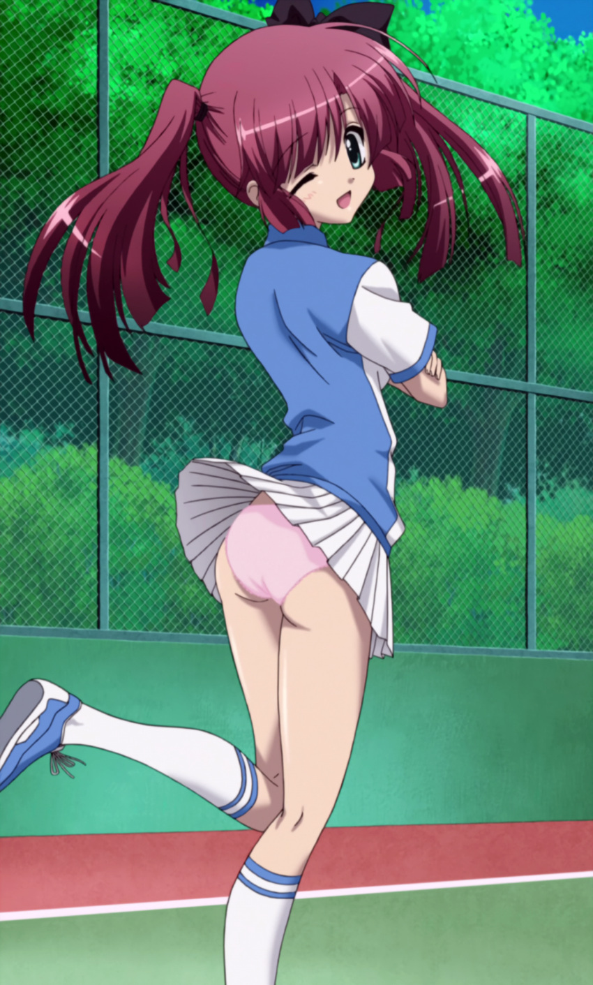 1girl, ;d, absurdres, ass, copyright_request, green_eyes, highres, looking_at_viewer