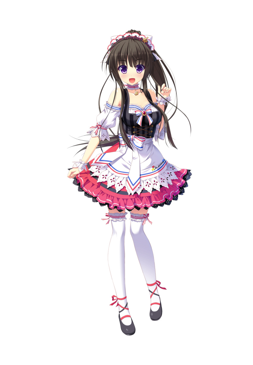 1girl, ameto_yuki, ankle_ribbon, black_hair, blush, bow, collar, dress, female, frilled_skirt, frills, full_body, hair_bow, hair_ornament, hair_ribbon, hooksoft, ichinose_sora, lace, lace_trim, looking_at_viewer, mary_janes, official_art, ponytail, pure_x_connect, ribbon, shiny, shiny_skin, shoes, skirt, smee, solo, standing, straight_hair, tagme, thigh-highs, transparent_background, very_long_hair, violet_eyes, waitress, waitress_uniform, white_legwear, zettai_ryouiki