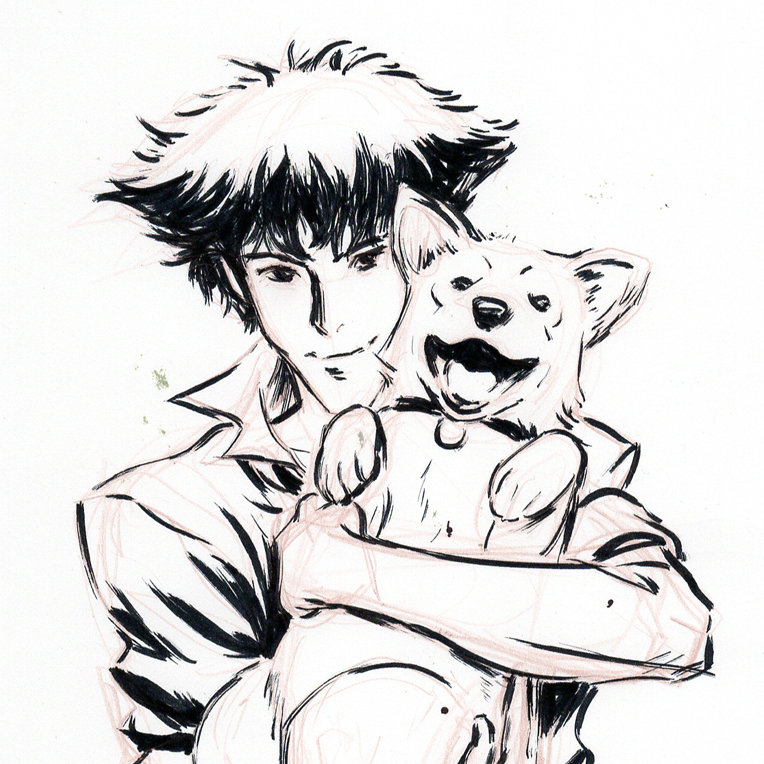 1boy, 90s, black_&amp;_white, bryan_konietzko, cowboy_bebop, dog, ein_(cowboy_bebop), hug