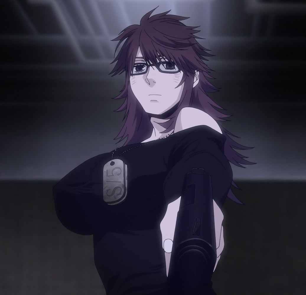 1girl, dog_tags, female, gangsta, ginger_(gangsta), glasses, gun, indoors
