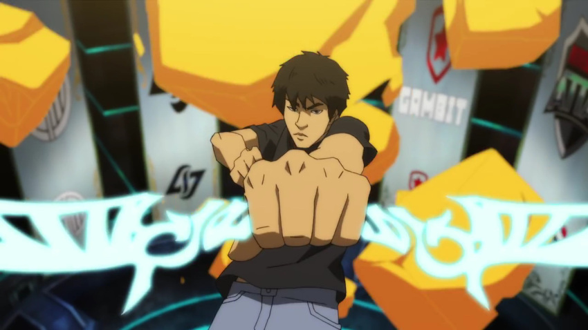 1boy, bow, brown_hair, counter_logic_gaming, denim, doublelift, ezreal, foreshortening