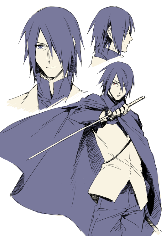 1boy, black_hair, cloak, expression_sheet, hair_over_one_eye, naruto, naruto_gaiden, sword