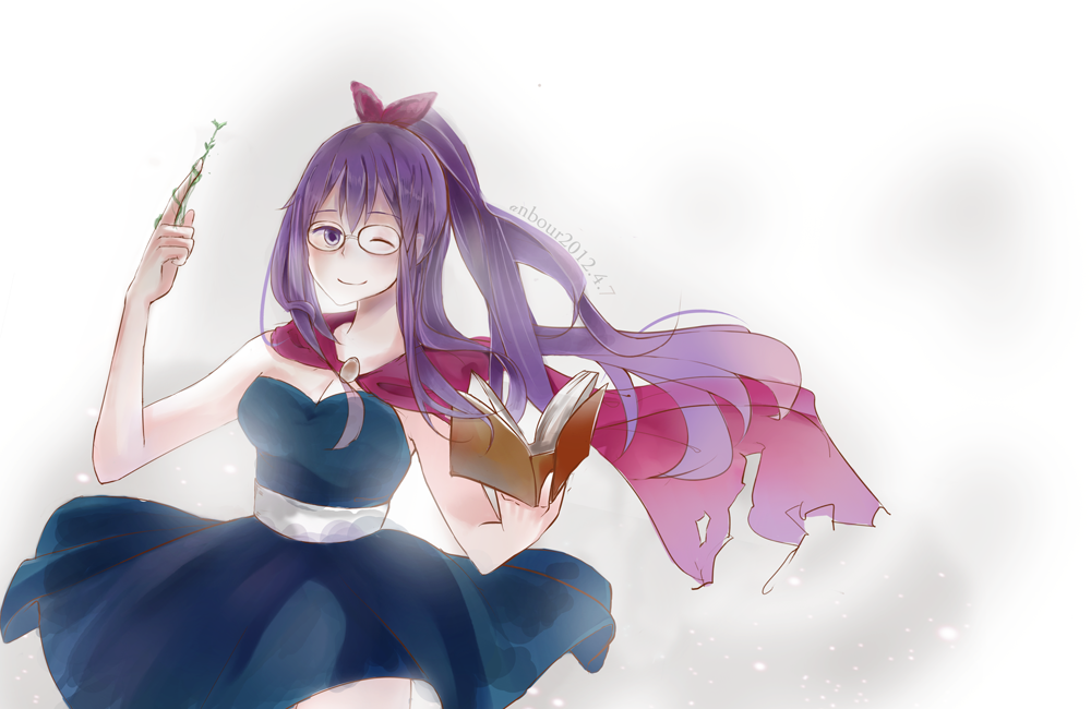 1girl, anbour, book, cape, fairy_tail, glasses, long_hair, lucky_ollietta, one_eye_closed, purple_hair, simple_background, solo, violet_eyes, white_background
