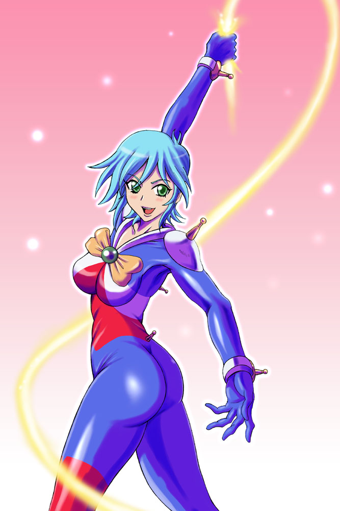 1girl, allenby_beardsley, ass, beam_ribbon, blue_hair, bodysuit, bow, breasts, g_gundam, green_eyes, gundam, mobile_trace_suit, open_mouth, s.shimizu, short_hair, skin_tight