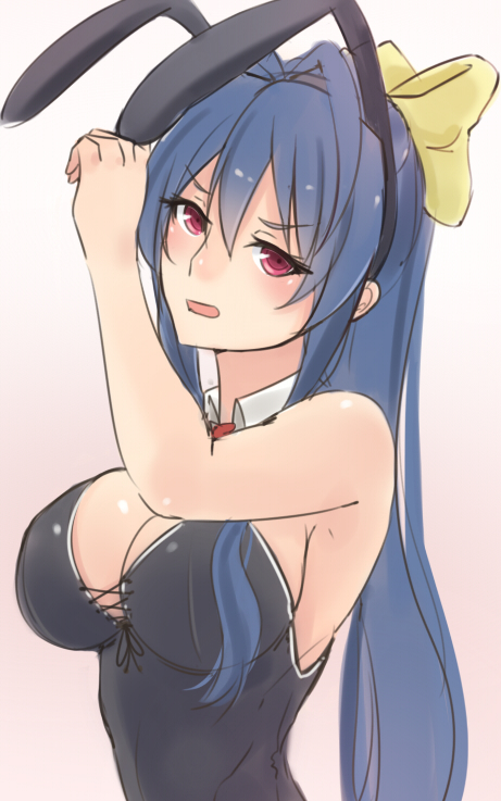 1girl, animal_ears, antenna_hair, bare_shoulders, blazblue, blazblue_remix_heart, blue_hair, blush