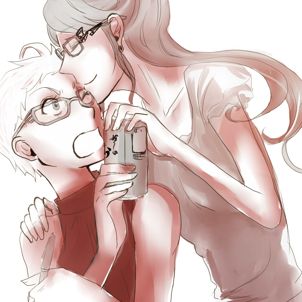 2girls, bare_shoulders, bayonetta, bayonetta_(character), black_hair, blue_eyes, can, closed_eyes, collarbone, earrings, glasses, jeanne_(bayonetta), jewelry, kon_(artist), long_hair, multiple_girls, pen, short_hair, white_hair, yuri