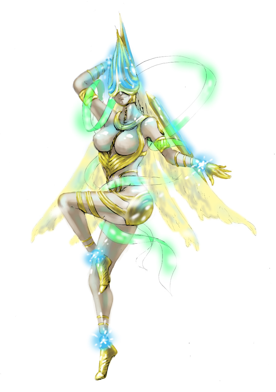 1girl, angel, bayonetta, breasts, chains, joy_(bayonetta), light, mask, monster_girl, no_eyes, ribbon, solo, tachigimo, wings