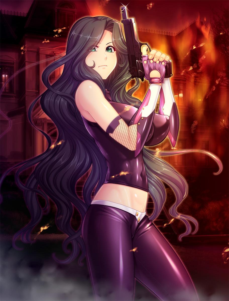 1girl, breasts, female, fingerless_gloves, gloves, gun, large_breasts, latex