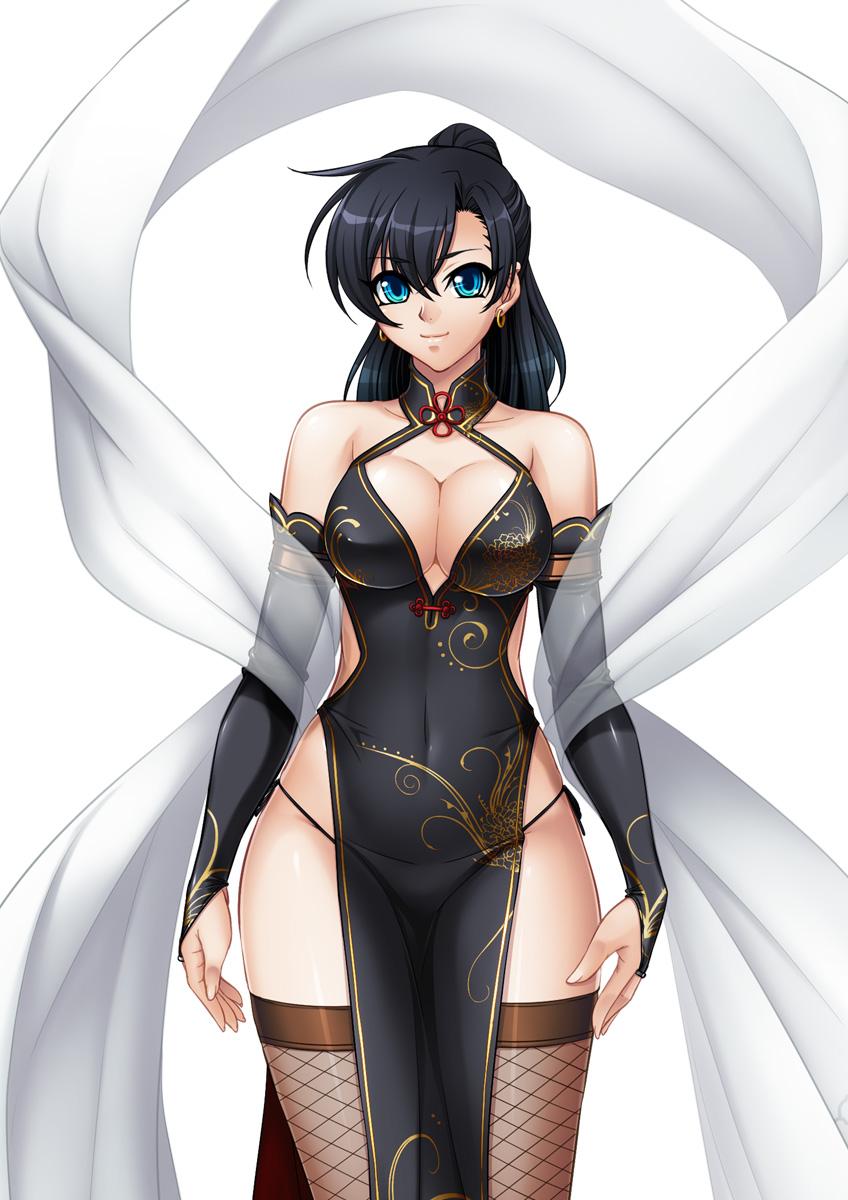 1girl, arms_at_sides, bare_shoulders, black_dress, black_hair, blue_eyes, breasts, bridal_gauntlets