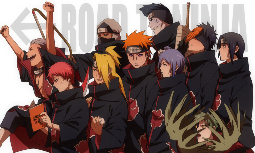 1girl, 6+boys, akatsuki_(naruto), amber_eyes, black_eyes, black_hair, blonde_hair, blue_eyes