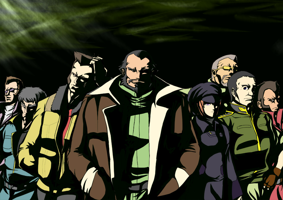 1girl, alec_(gundam), artist_request, beard, black_hair, coat, facial_hair, flaste_schole