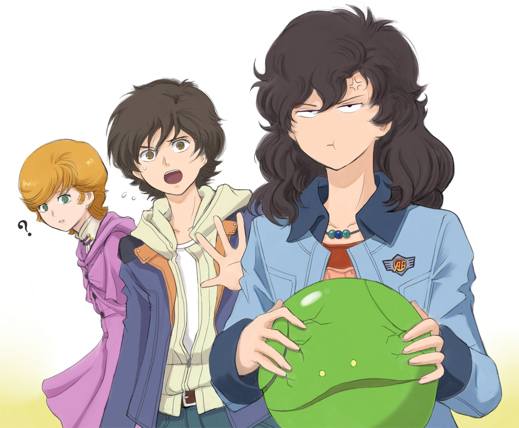1boy, 2girls, ?, anger_vein, audrey_burne, banagher_links, damaged, dress