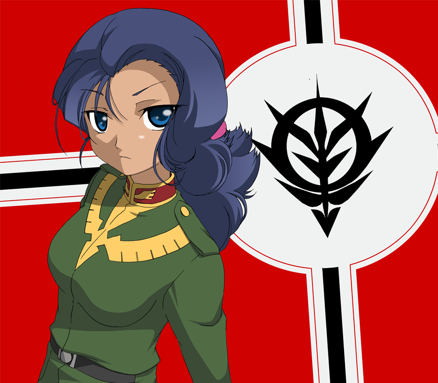 1girl, blue_hair, dark_skin, gundam, gundam_unicorn, loni_garvey, looking_at_viewer, military