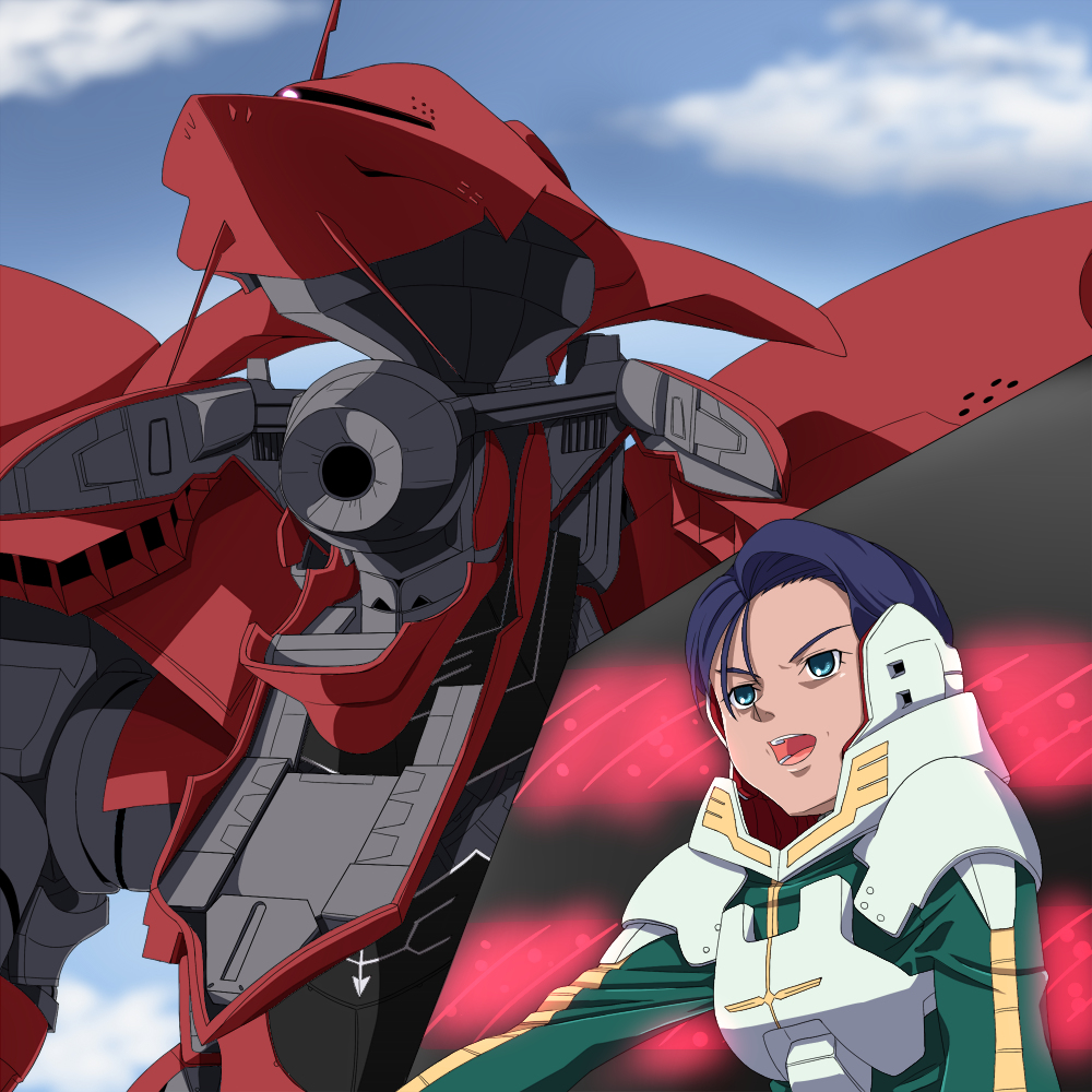 1girl, blue_eyes, blue_hair, clouds, dark_skin, gundam, gundam_unicorn, loni_garvey