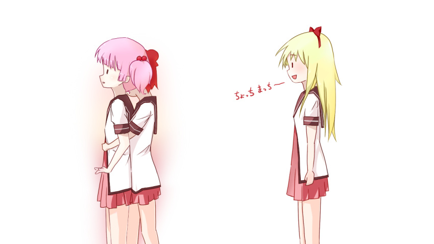 3girls, :d, akaza_akari, bangs, blonde_hair, blunt_bangs, bow, hair_bobbles, hair_bow, hair_bun, hair_ornament, hug, long_hair, mozk, multiple_girls, open_mouth, pink_hair, pleated_skirt, redhead, school_uniform, serafuku, short_twintails, simple_background, skirt, smile, toshinou_kyouko, translation_request, twintails, white_background, yoshikawa_chinatsu, yuru_yuri