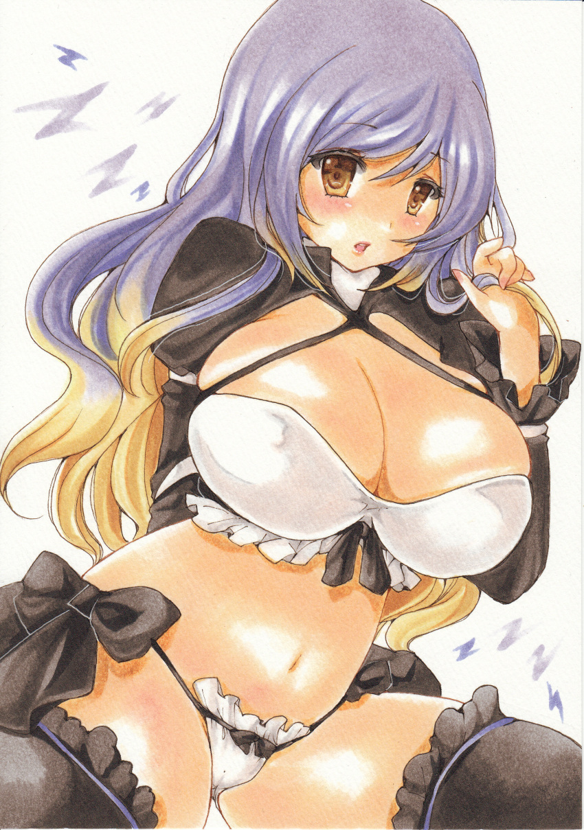 1girl, absurdres, black_legwear, blonde_hair, bra, breasts, brown_eyes, cleavage