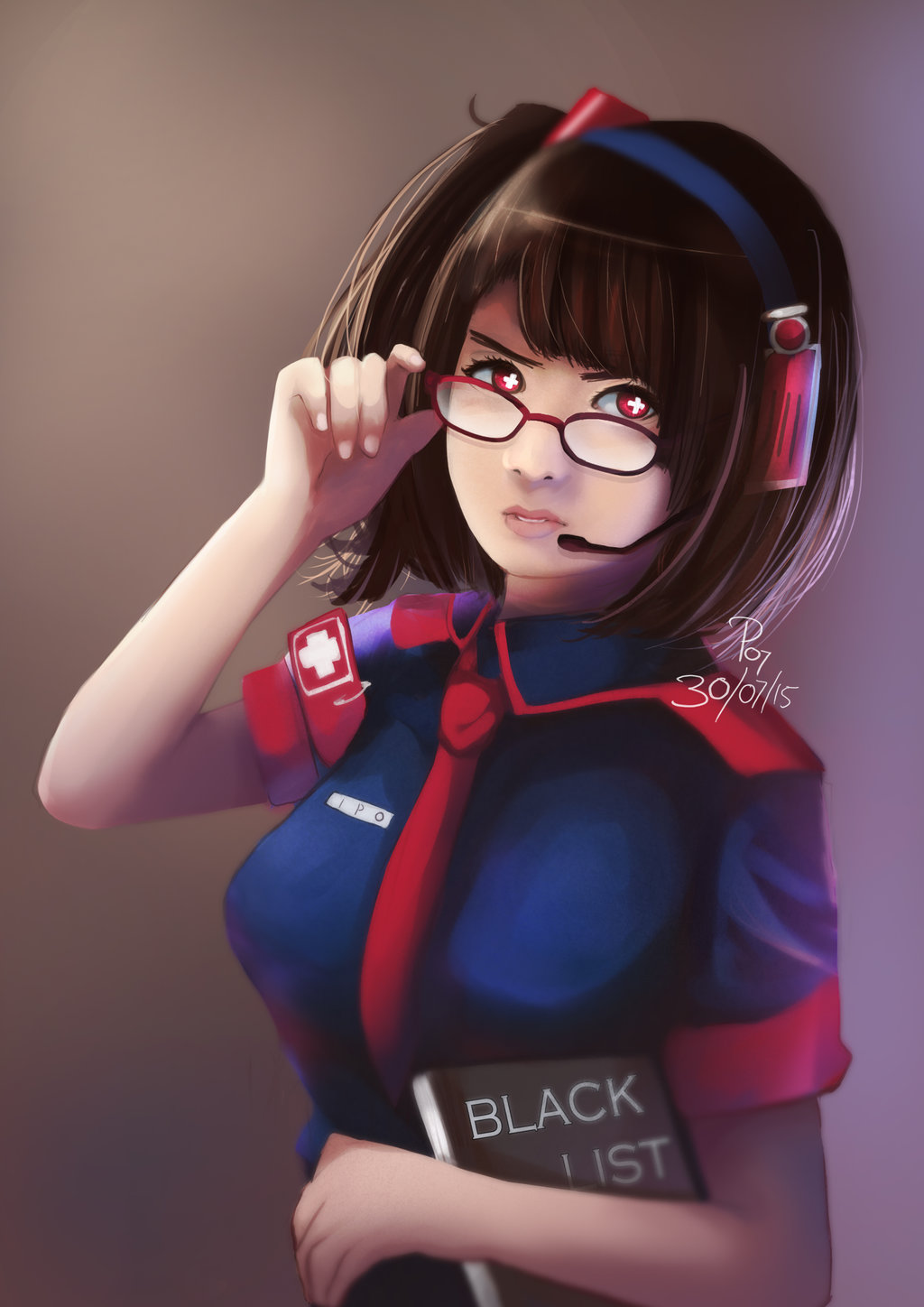 +_+, 1girl, adjusting_glasses, artist_name, bangs, book, brown_hair, dated, glasses, highres, holding, internet_positif, ipo-chan, necktie, princeg07, red-framed_glasses, sidelocks, solo