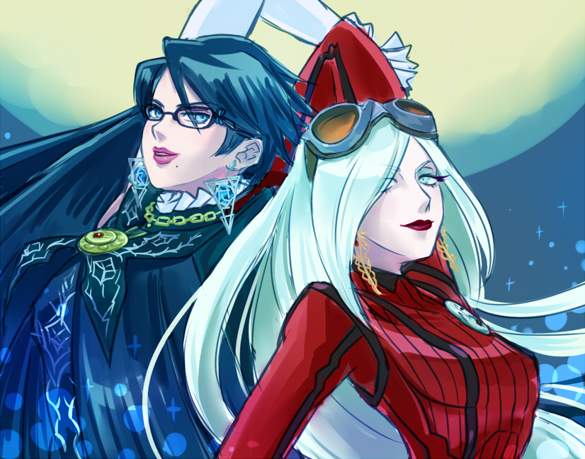 2girls, bayonetta, bayonetta_(character), bayonetta_2, earrings, glasses, goggles, goggles_on_head