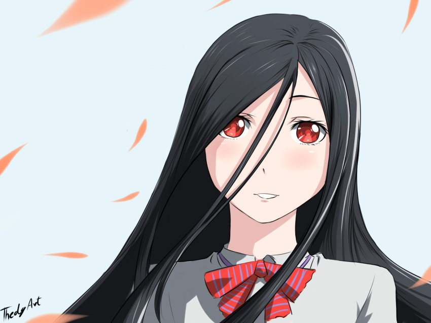 1girl, black_hair, blush, long_hair, open_mouth, red_eyes, ribbon, sadatsuka_nao, school_uniform, shokugeki_no_souma