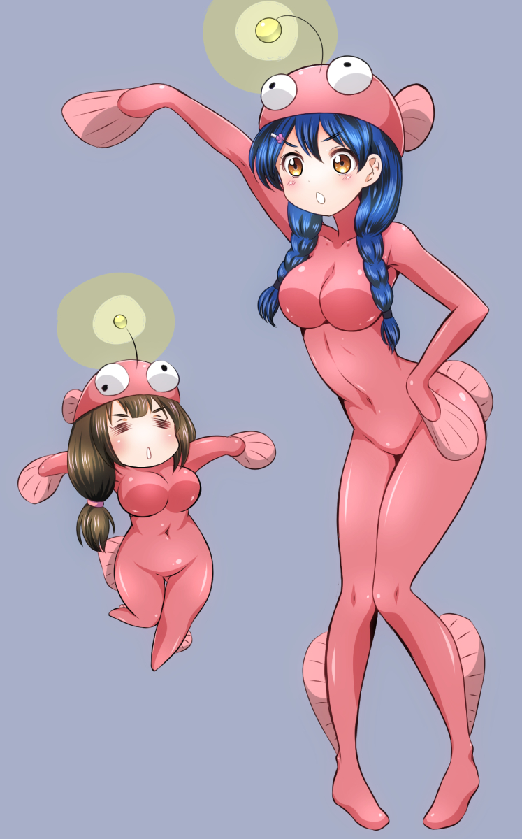 2girls, anglerfish_costume, blue_hair, blush, bodysuit, braid, breasts, brown_eyes