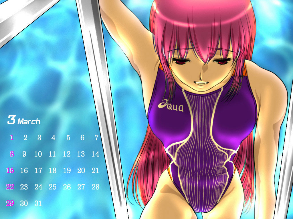 calendar, competition_swimsuit, ikuta_kaoru, long_hair, one-piece_swimsuit, pool, red_eyes, red_hair
