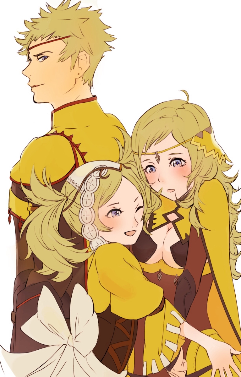 1boy, 2girls, artist_request, blonde_hair, blue_eyes, breasts, father_and_daughter, fire_emblem