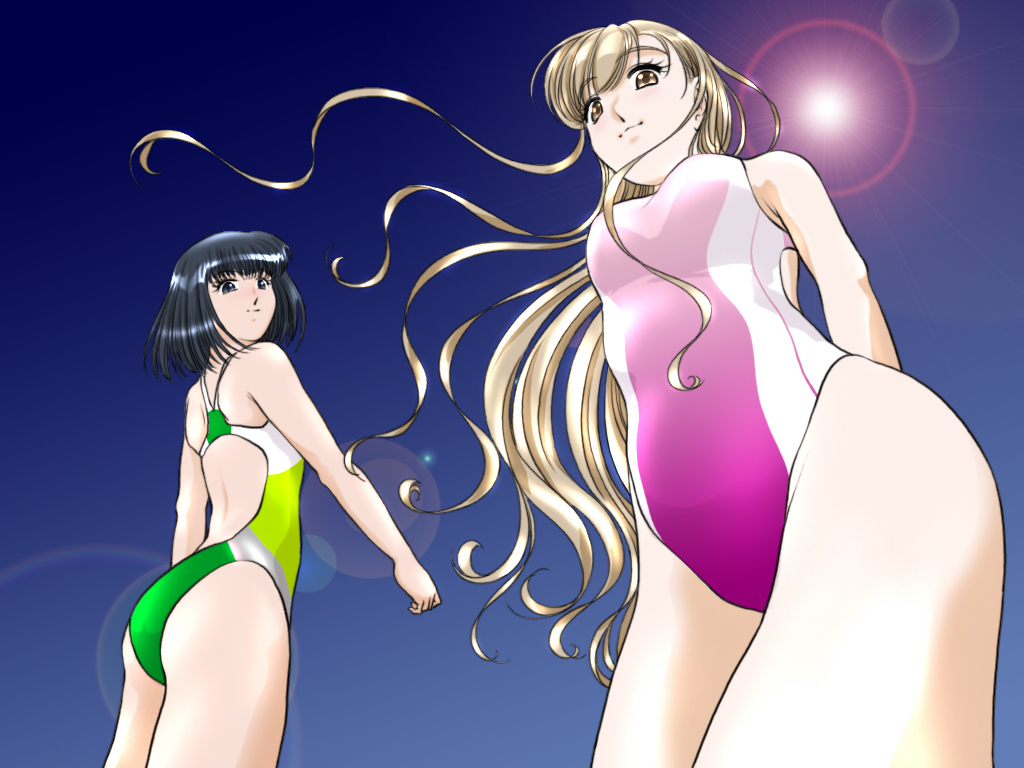black_eyes, black_hair, brown_eyes, brown_hair, competition_swimsuit, from_below, ikuta_kaoru, long_hair