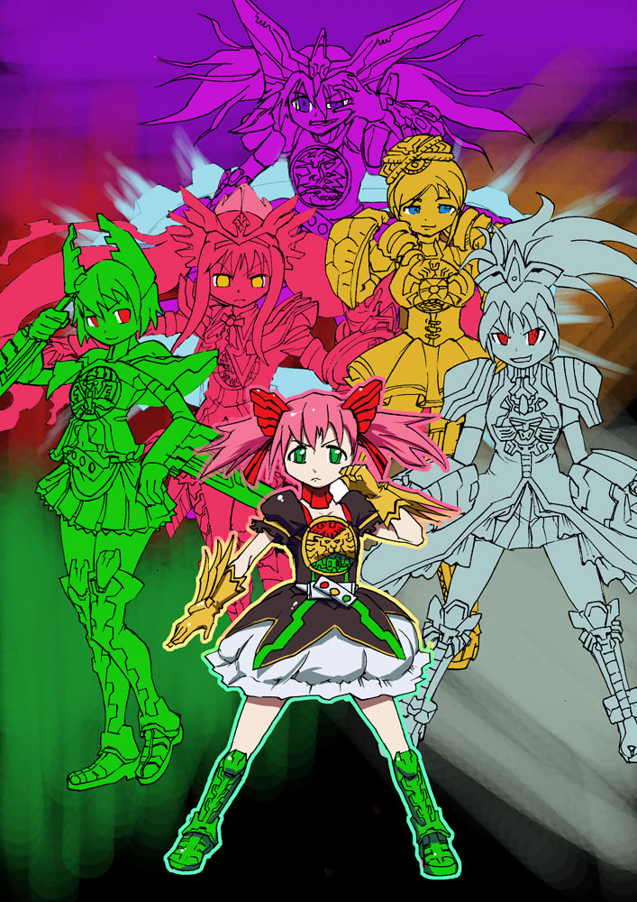 6+girls, akemi_homura, burakawani_(ooo_combo), cosplay, crossover, gatakiriba_(ooo_combo), goddess_madoka, kamen_rider