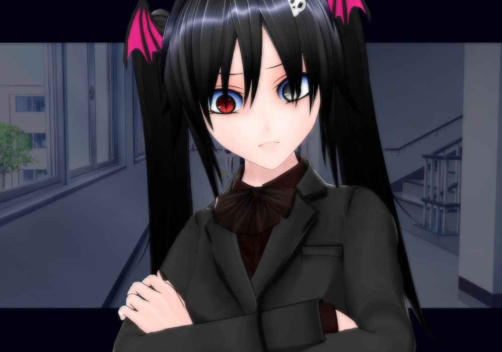 1girl, artificial_academy_2, bat, black_hair, dark, gothic, grey_eyes, heterochromia