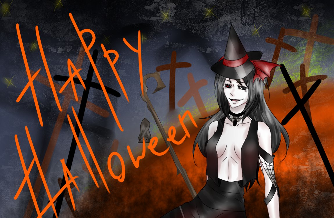 1girl, bat, black_hair, grey_eyes, happy_halloween, heterochromia, nocturne_krumenker, original